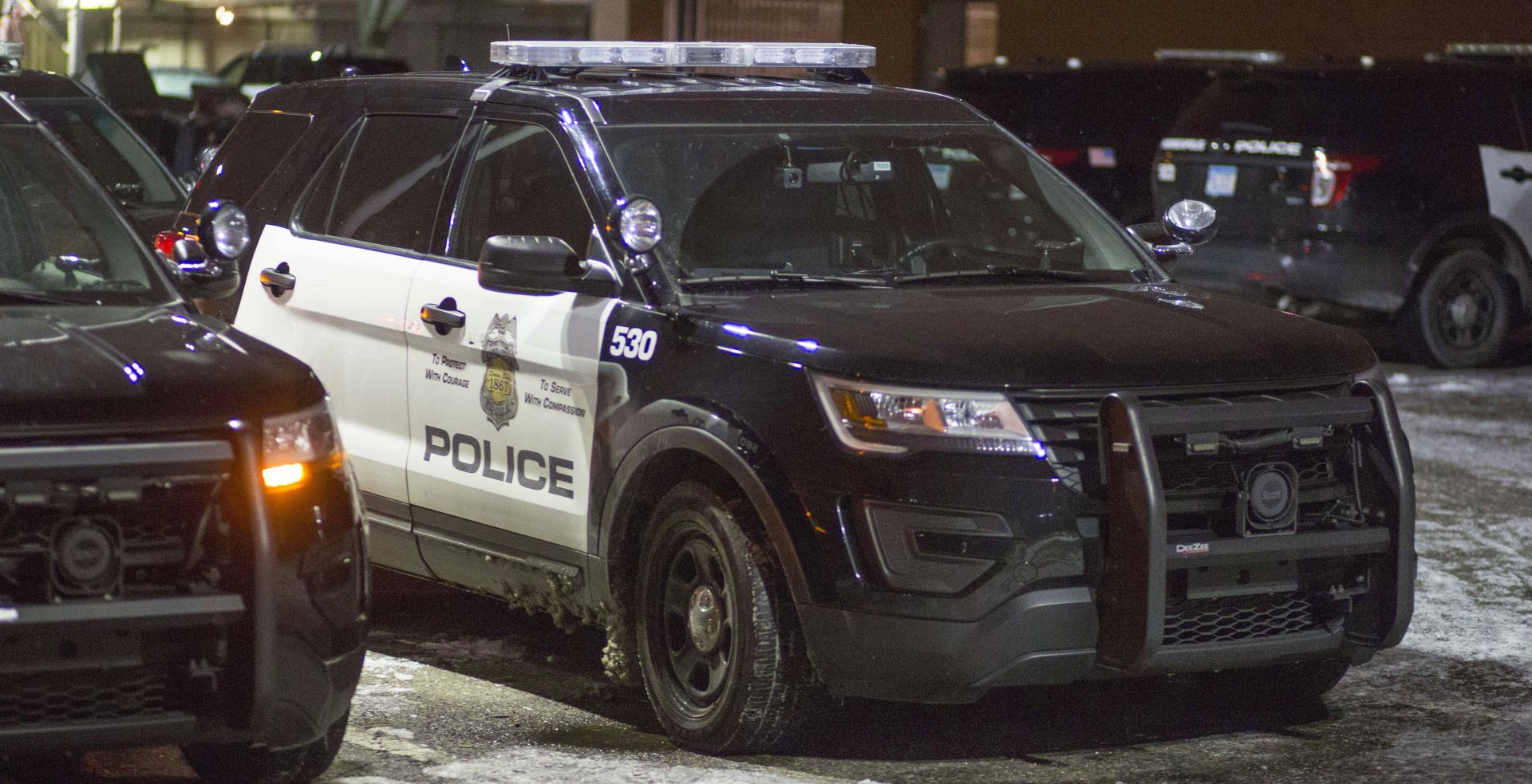 epa07252243 One of the Ford Explorer police cruisers that Mohamed Noor and Officer Harrity were in on the night Justine Diamond was shot and killed by Minneapolis officer Noor in July 2017, is seen parked in a parking lot in Minneapolis, USA, 28 December 2018. A re-enactment by police is planned to be staged on 28 December at the same time and place the shooting occurred.  EPA/ANDY CLAYTON-KING AUSTRALIA AND NEW ZEALAND OUT