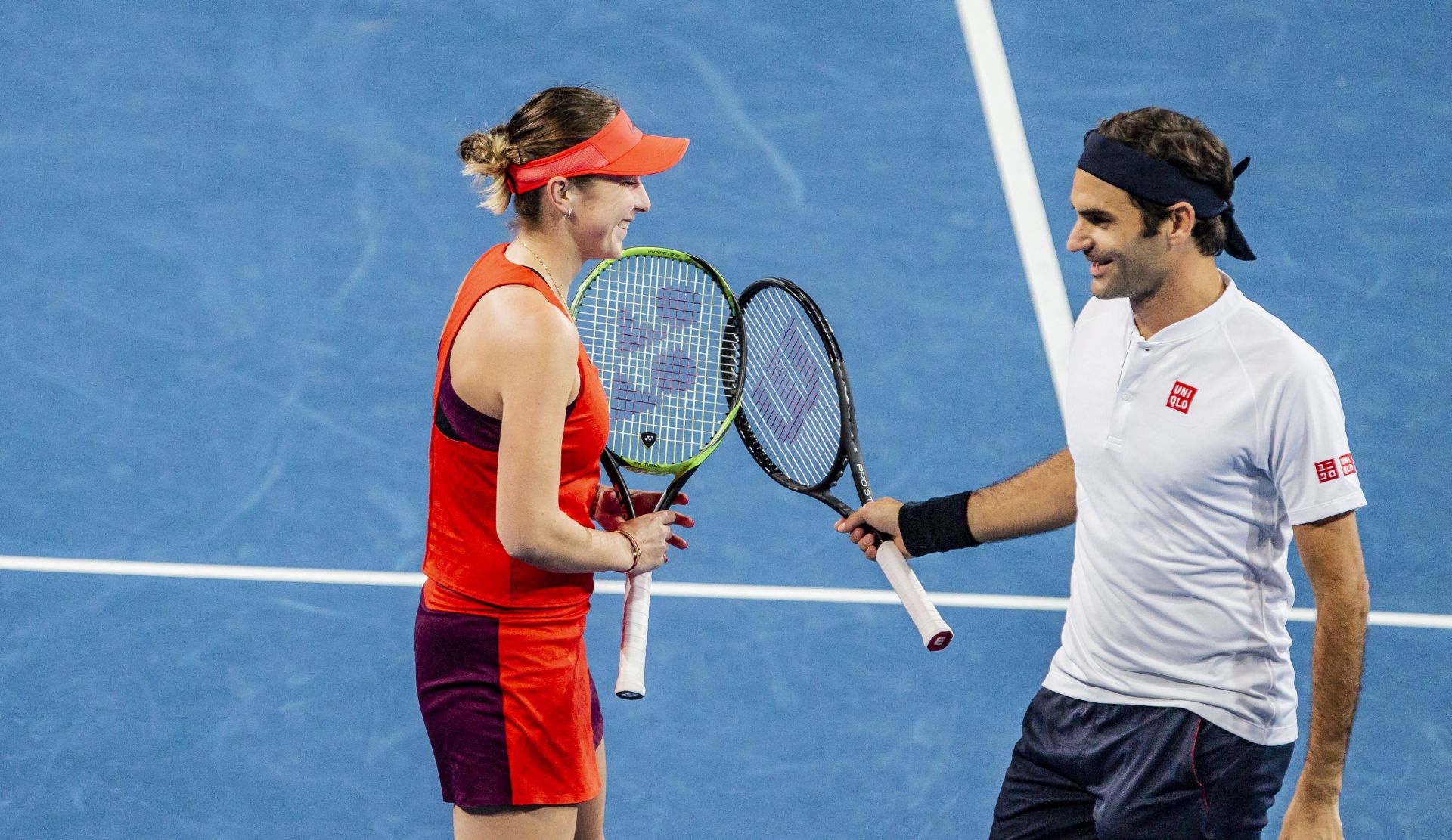 epa07260133 Belinda Bencic (L) and Roger Federer of Switzerland react during the mixed doubles match between Switzerland and Greece on day 6 of the Hopman Cup tennis tournament at RAC Arena in Perth, Australia, 03 January 2019.  EPA/TONY MCDONOUGH AUSTRALIA AND NEW ZEALAND OUT  EDITORIAL USE ONLY