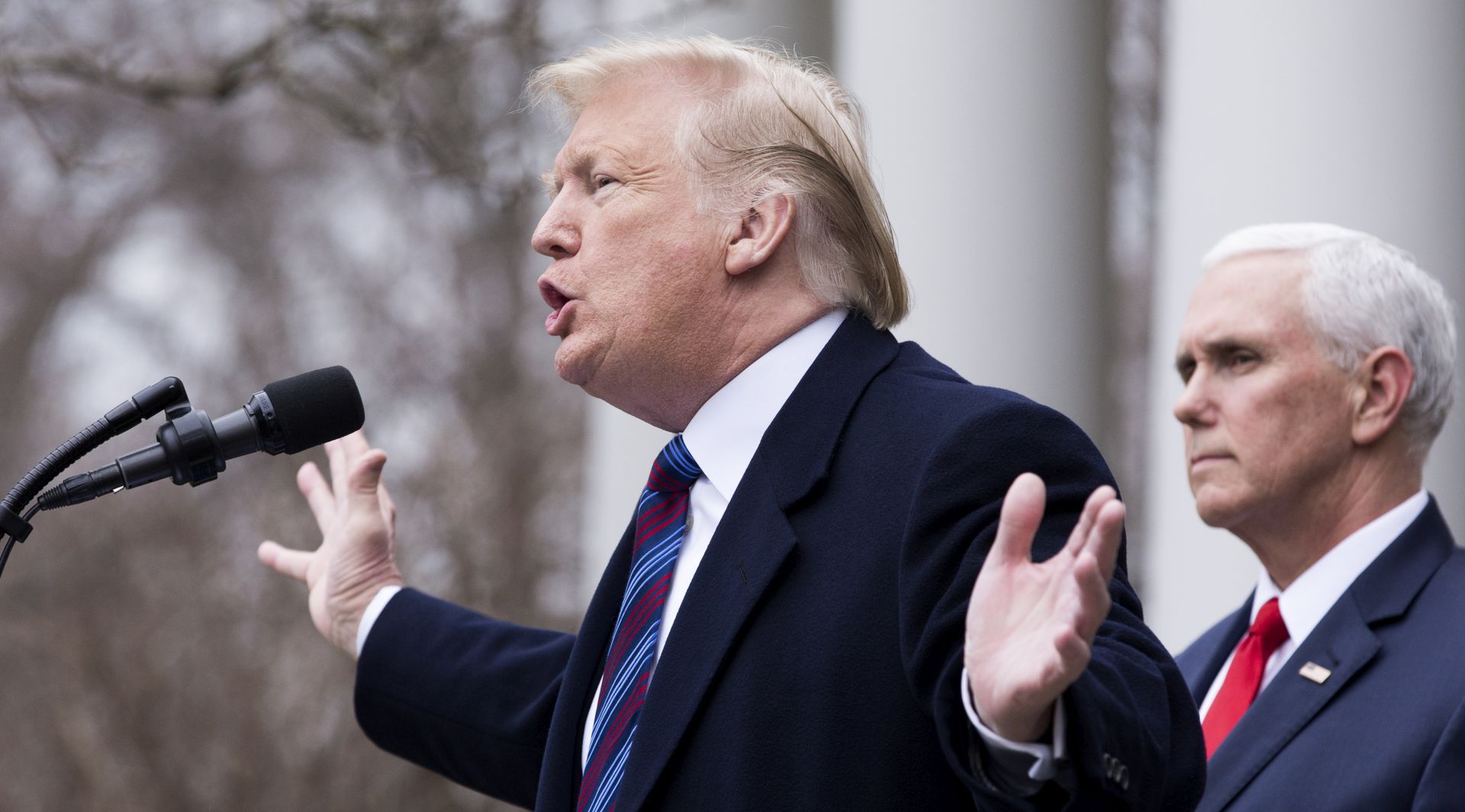 epa07262499 US President Donald J. Trump (L) holds a news conference beside US Vice President Mike Pence (R) in the Rose Garden of the White House in Washington, DC, USA, 04 January 2019. President Trump discussed a variety of topics, particularly his meeting with Congressional Democratic and Republican leaders for negotiations on the ongoing partial shutdown of the federal government. A partial shutdown of the government continues since Congress and Trump failed to strike a deal on border security before a 22 December 2018 funding deadine.  EPA/MICHAEL REYNOLDS