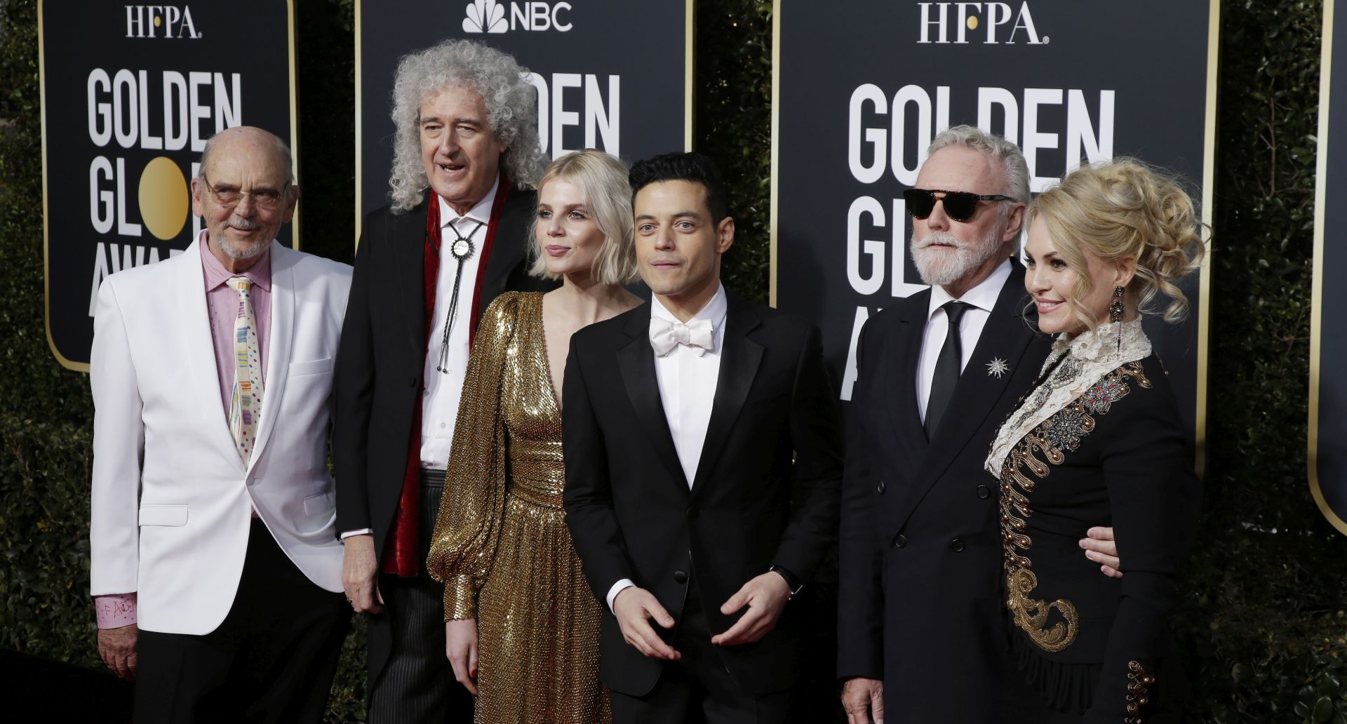 epa07266803 (L-R) Jim Beach, Brian May, Lucy Boynton, Rami Malek, Roger Taylor and Sarina Potgieter arrives for the 76th annual Golden Globe Awards ceremony at the Beverly Hilton Hotel, in Beverly Hills, California, USA, 06 January 2019.  EPA/MIKE NELSON