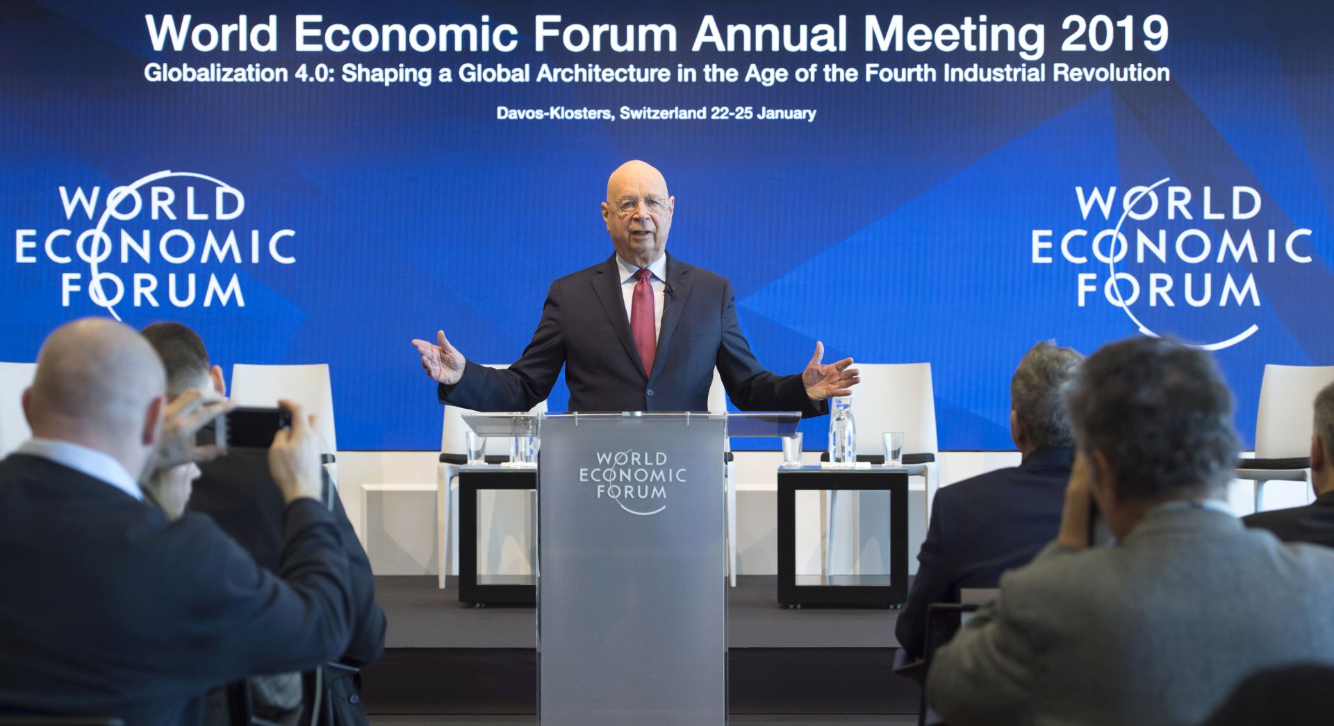 epa07286471 German Klaus Schwab, Founder and Executive Chairman of the World Economic Forum, WEF, gestures during a press conference, in Cologny near Geneva, 15 January 2019. The World Economic Forum today unveiled the programme for its Annual Meeting in Davos, Switzerland, including the key participants, themes and goals. The overarching theme of the Meeting, which will take place from 22 to 25 January, is 'Globalization 4.0'.  EPA/LAURENT GILLIERON