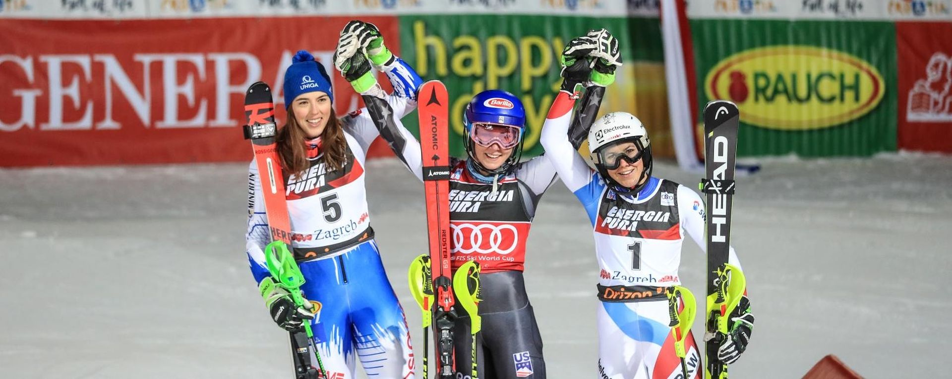 Zagreb: Druga vožnja ženskog slaloma Snow Queen Trophy 2019. 05.01.2019., Zagreb - Druga voznja zenskog slaloma Audi FIS Svjetskog skijaskog kupa Snow Queen Trophy. Petra Vlhova, Mikaela Shiffrin, Wendy Holdener. Photo: Slavko Midzor/PIXSELL