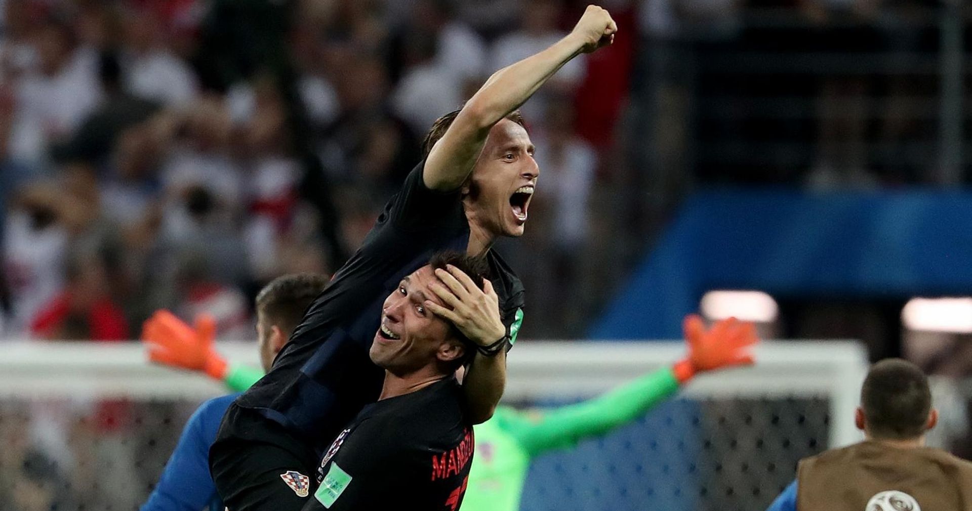 11.07.2018., stadion Luznjiki, Moskva, Rusija - Svjetsko nogometno prvenstvo 2018., polufinale, Hrvatska - Engleska.    Luka Modric, Mario Mandzukic.
Photo: Igor Kralj/PIXSELL