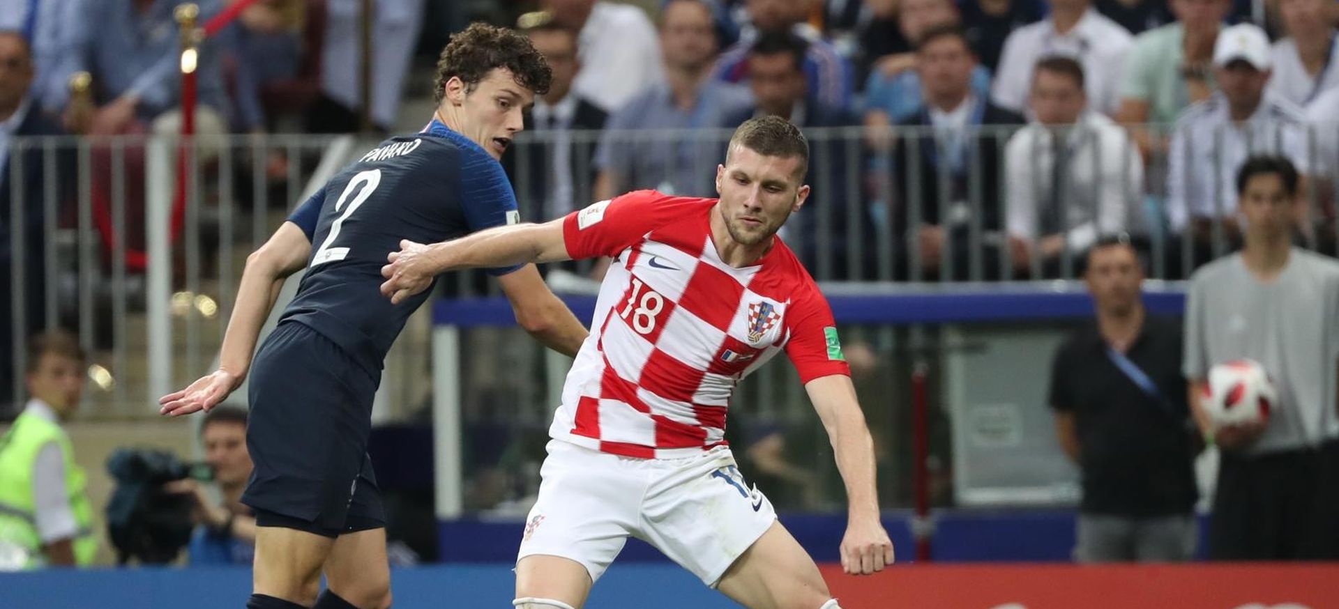 15.07.2018., stadion Luznjiki, Moskva, Rusija - Svjetsko nogometno prvenstvo 2018., finale, Francuska - Hrvatska. Benjamin Pavard, Ante Rebic Photo: Igor Kralj/PIXSELL