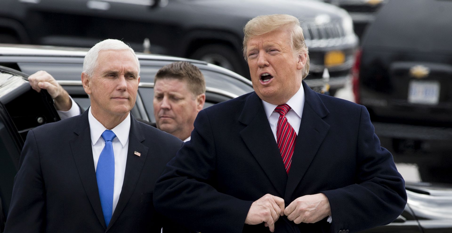 epa07271848 US President Donald J. Trump (R) and US Vice President Mike Pence (L) arrive on Capitol Hill in Washington, DC, USA, 09 January 2019. Trump visits the Capitol to attend the Senate Republican policy luncheon. A partial shutdown of the US federal government continues since Congress and Trump failed to strike a deal before a 22 December 2018 funding deadine due to differences regarding border security. This shutdown, which has become the second-longest in US history, has affected about 800,000 federal workers.  EPA/MICHAEL REYNOLDS