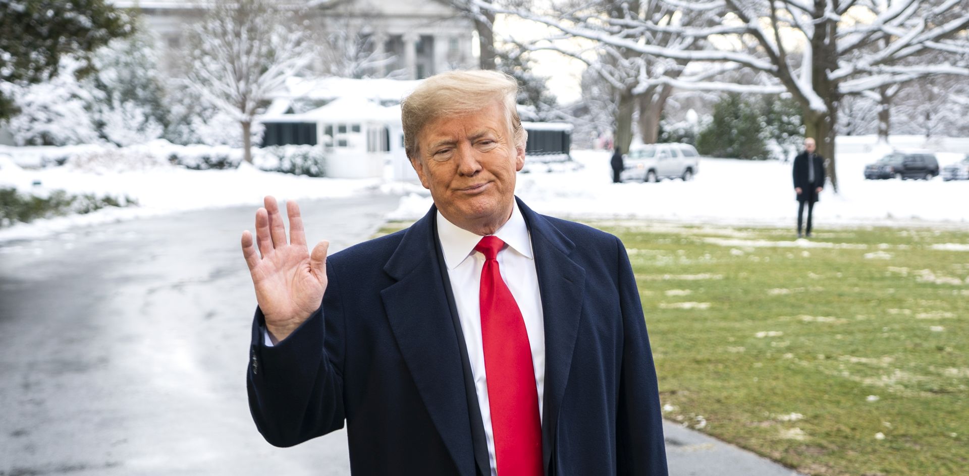 epa07283432 US President Donald J. Trump speaks about the Russia investigation and the partial government shutdown as he departs the White House to speak to a Farm Convention in New Orleans, in Washington, DC, USA, 14 January 2019. Trump stated that he never worked for Russia and that he did a great service to the country by firing former FBI Director James Comey. The partial shutdown of the US federal government is in its fourth week; Congress and Trump failed to strike a deal before a 22 December 2018 funding deadline due to differences over President Trump's proposed border wall.  EPA/JIM LO SCALZO