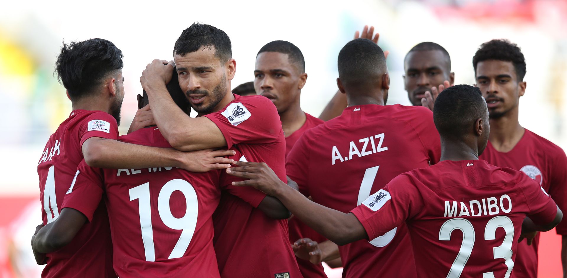 epa07279646 Players of Qatar celebrate the 2-0 goal during the 2019 AFC Asian Cup group E preliminary round match between Qatar and North Korea in Al Ain, United Arab Emirates, 13 January 2019.  EPA/MAHMOUD KHALED