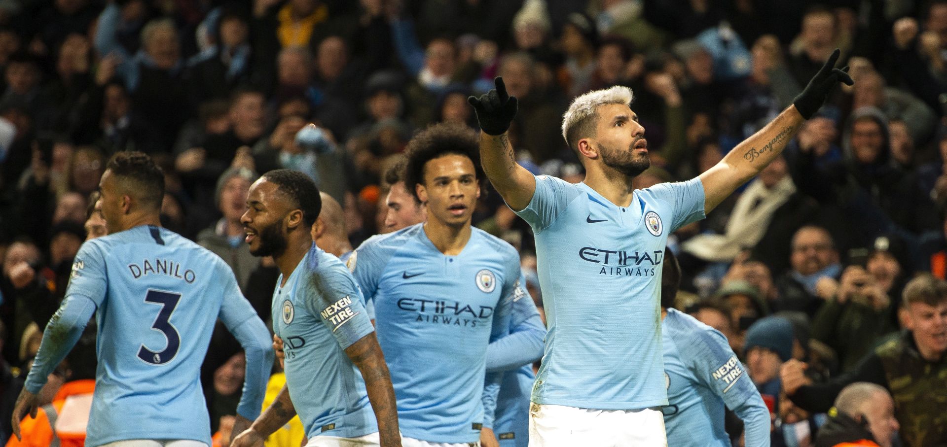 epa07260543 Manchester City's Sergio Aguero celebrates scoring the opening goal during the English Premier League soccer match between Manchester City and Liverpool at the Etihad Stadium in Manchester, Britain, 03 January 2019.  EPA/PETER POWELL EDITORIAL USE ONLY. No use with unauthorized audio, video, data, fixture lists, club/league logos or 'live' services. Online in-match use limited to 120 images, no video emulation. No use in betting, games or single club/league/player publications