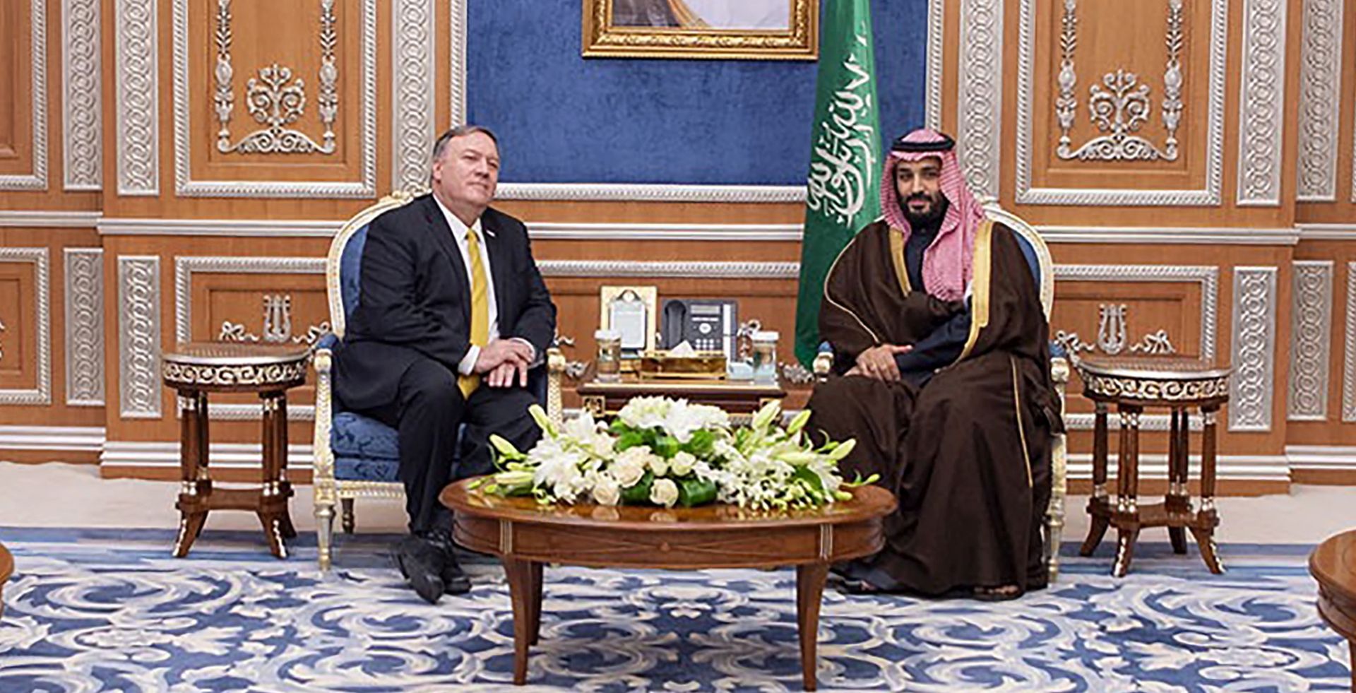 epa07282232 A handout photo made available by the Saudi Royal Court shows Saudi Crown Prince Mohammad Bin Salman (C-R) meeting with US Secretary of State Mike Pompeo (C-L) in Riyadh, Saudi Arabia, 14 January 2019. Pompeo arrived in Saudi Arabia on 13 January evening following his visit to Qatar, UAE, Jordan, Egypt and Iraq. The trip came after the US announced it would withdraw its troops from Syria.  EPA/BANDAR ALGALOUD/SAUDI ROYAL COURT HANDOUT  HANDOUT EDITORIAL USE ONLY/NO SALES