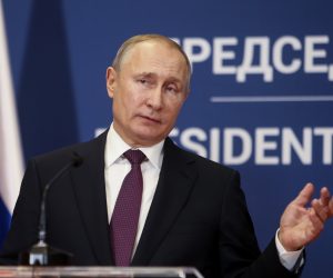 epa07293915 Russian President Vladimir Putin gestures during the joint press conference with his Serbian counterpart  Aleksandar Vucic, in Belgrade, Serbia, 17 January 2019. President Putin is on a one-day state visit to Serbia.  EPA/ANDREJ CUKIC