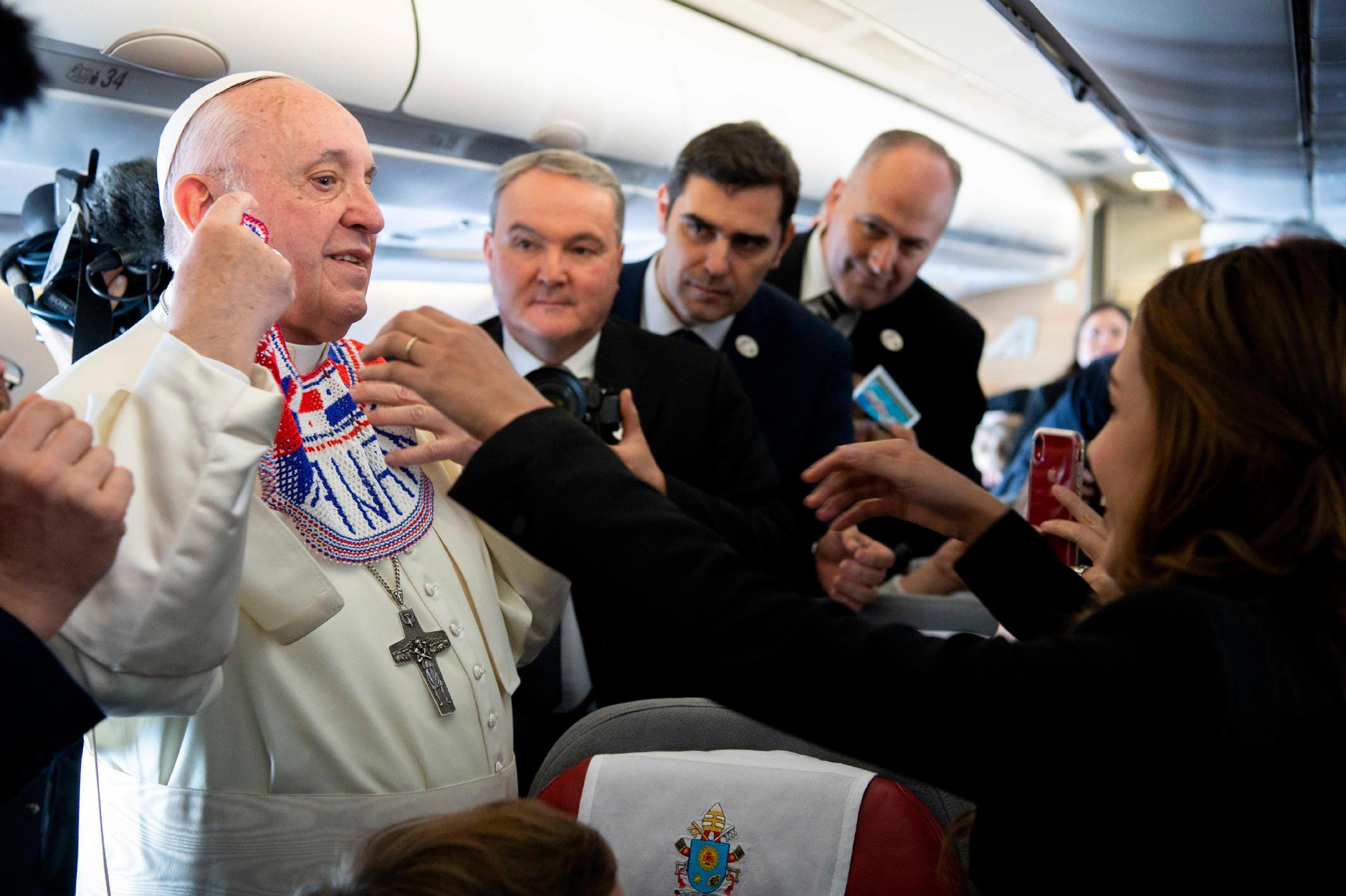 epa07312279 A handout picture provided by the Vatican Media shows Pope Francis speaking to journalists on a plane heading to Panama, 23 January 2019. Panama will host the World Youth Day (WYD) from 23 until 27 January 2019, one of the main events of the Church that gathers the Pope with youngsters from around the world.  EPA/VATICAN MEDIA HANDOUT  HANDOUT EDITORIAL USE ONLY/NO SALES