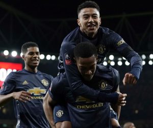 epa07319822 Manchester United's Anthony Martial celebrates with teammate Jesse Lingard after scoring during the English FA Cup fourth round game against Arsenal at Emirates Stadium, London , Britain, 25 January 2019.  EPA/WILL OLIVER EDITORIAL USE ONLY. No use with unauthorized audio, video, data, fixture lists, club/league logos or 'live' services. Online in-match use limited to 120 images, no video emulation. No use in betting, games or single club/league/player publications