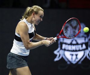 epa07338234 Donna Vekic of Croatia in action against Vera Zvonareva of Russia during their semi final match at the St. Petersburg Ladies Trophy 2019 tennis tournament in St.Petersburg, Russia, 02 February 2019.  EPA/ANATOLY MALTSEV