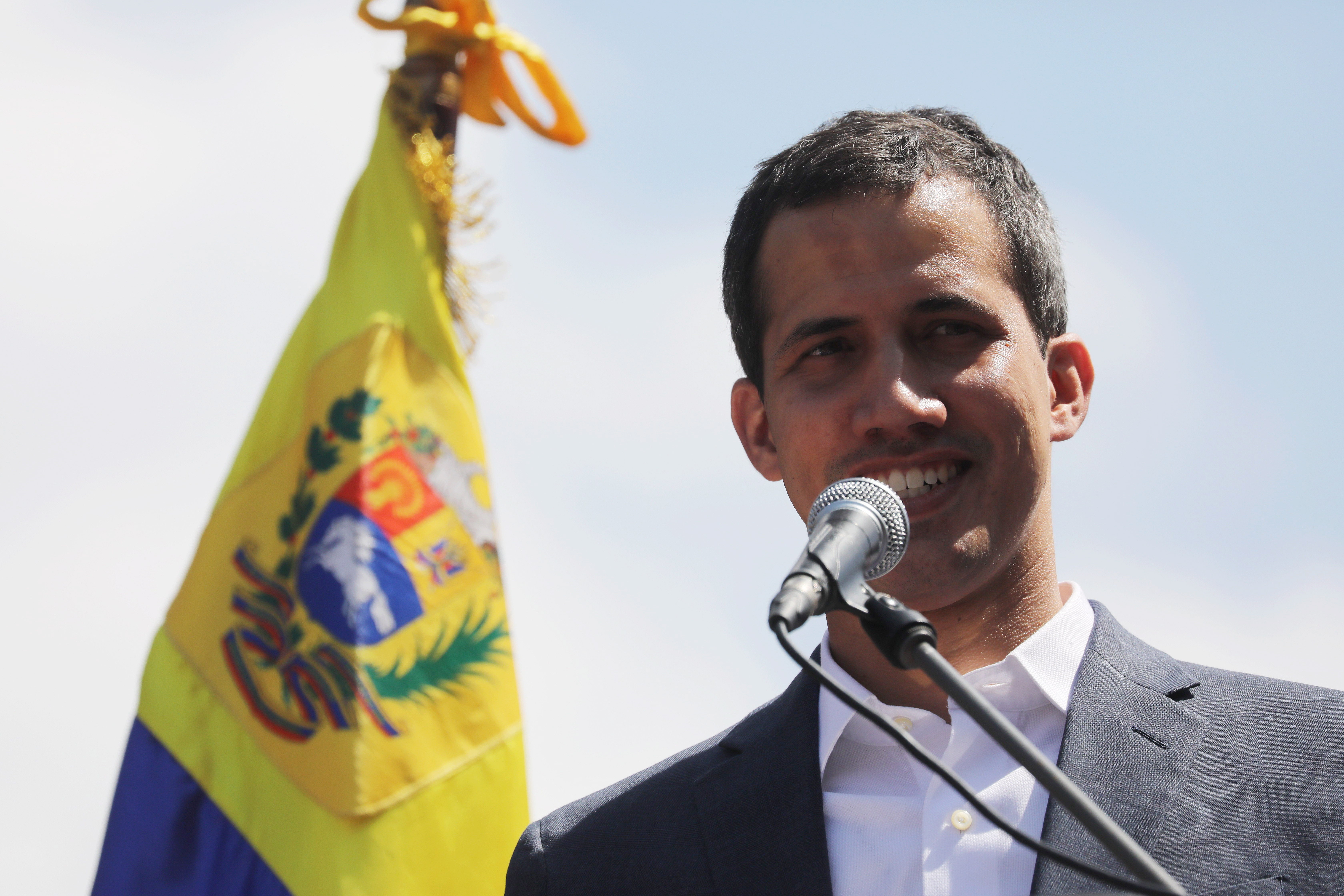 epa07339319 President of the Venezuelan National Assembly Juan Guaido delivers a speech during a protest march against Nicolas Maduro's Government, in Caracas, Venezuela, 02 February 2019. Maduro and his opponent National Assembly leader Juan Guaido have called on their supporters to take to the streets as international pressure increased on Maduro to resign. Guiado had declared himself interim president of Venezuela on 23 January and promised to guide the country toward new election as he consider last May's election not valid.  EPA/Miguel Gutierrez