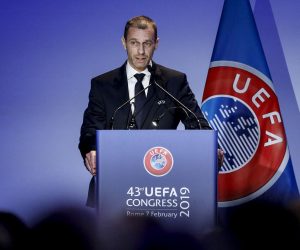 epa07349685 UEFA President Aleksander Ceferin speaks during the 43rd UEFA Congress in Rome, Italy, 07 February 2019.  EPA/FABIO FRUSTACI