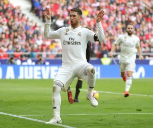 epa07356051 Real Madrid's captain Sergio Ramos celebrates after scoring the 1-2 lead during a Spanish LaLiga soccer match between Atletico Madrid and Real Madrid at the Wanda Metropolitano stadium in Madrid, Spain, 09 February 2019.  EPA/JUANJO MARTIN