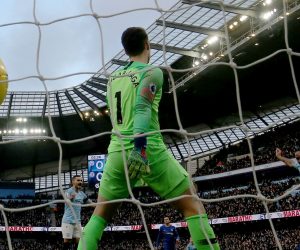 epa07359393 Manchester City's Raheem Sterling (2ndR) shoots to score during the English premier league soccer match between Manchester City and Chelsea at the Etihad Stadium in Manchester, Britain, 10 February 2019.  EPA/Nigel Roddis EDITORIAL USE ONLY. No use with unauthorized audio, video, data, fixture lists, club/league logos or 'live' services. Online in-match use limited to 120 images, no video emulation. No use in betting, games or single club/league/player publications.