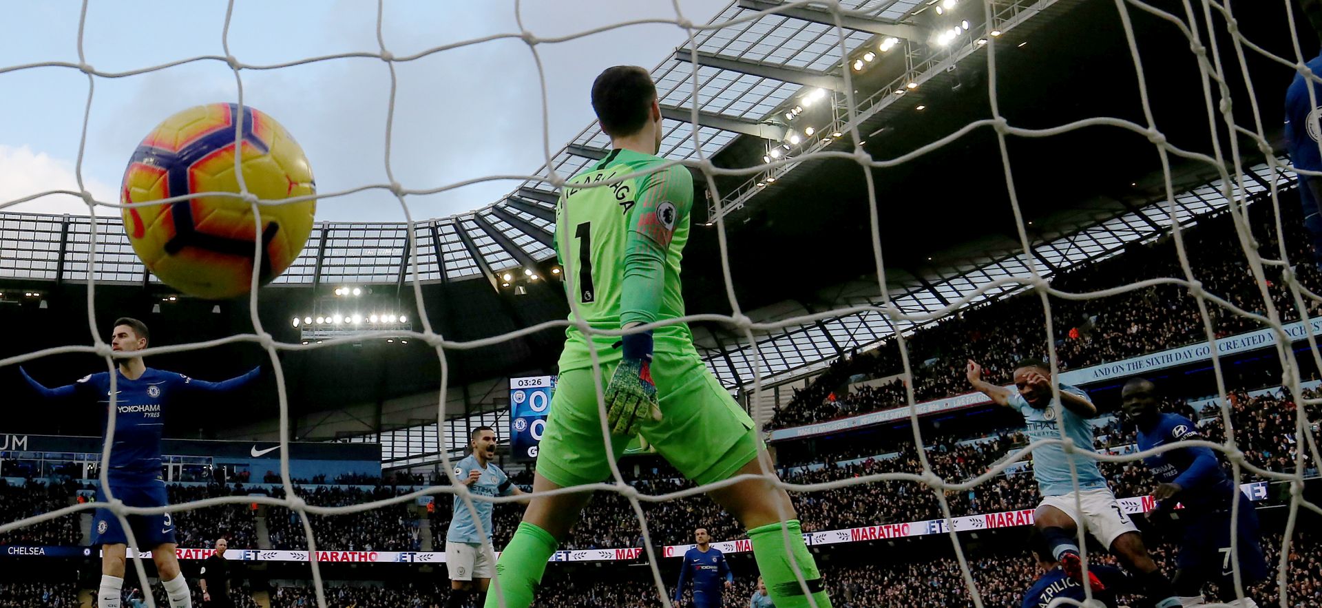 epa07359393 Manchester City's Raheem Sterling (2ndR) shoots to score during the English premier league soccer match between Manchester City and Chelsea at the Etihad Stadium in Manchester, Britain, 10 February 2019.  EPA/Nigel Roddis EDITORIAL USE ONLY. No use with unauthorized audio, video, data, fixture lists, club/league logos or 'live' services. Online in-match use limited to 120 images, no video emulation. No use in betting, games or single club/league/player publications.