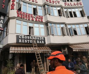 epa07363458 National Disaster Response Force team members operate on the scene at the hotel where a fire broke out in New Delhi, India, 12 February 2019. According to reports, at least 17 people have been killed after a massive fire broke out at Arpit hotel in Karol Bagh area of New Delhi. Thirty-five people were rescued from the site and the injured have been admitted to the hospital. The cause of the fire is yet to be ascertained.  EPA/HARISH TYAGI