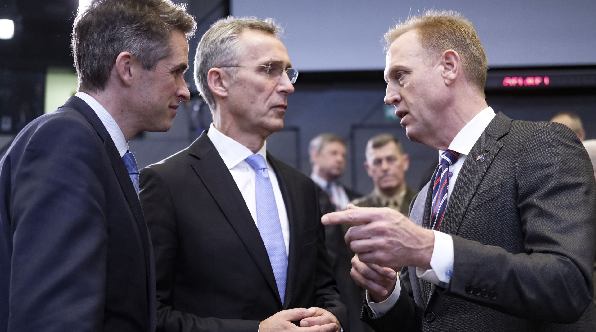 epa07368512 (L-R) British Defense Minister Gavin Williamson, NATO's Secretary General Jens Stoltenberg and Acting US Defence Secretary Patrick Shanahan during NATO defense ministers meeting at NATO headquarters in Brussels, Belgium, 14 February 2019. Members of the defense alliance were to discuss current security issues, including Russia's violation of the INF (Intermediate-Range Nuclear Forces) Treaty, as well as to review its missions in Afghanistan, Kosovo, Iraq and other areas, NATO said.  EPA/OLIVIER HOSLET