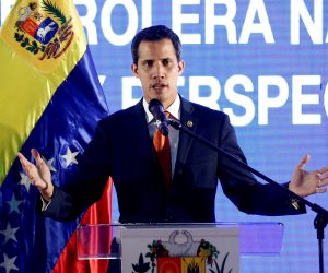 epa07373596 President of the Venezuelan National Assembly Juan Guaido, who announced himself interim Venezuelan president on 23 January, takes part in a forum on the oil industry, in Caracas, Venezuela, 15 February 2019.  EPA/LEONARDO MUNOZ