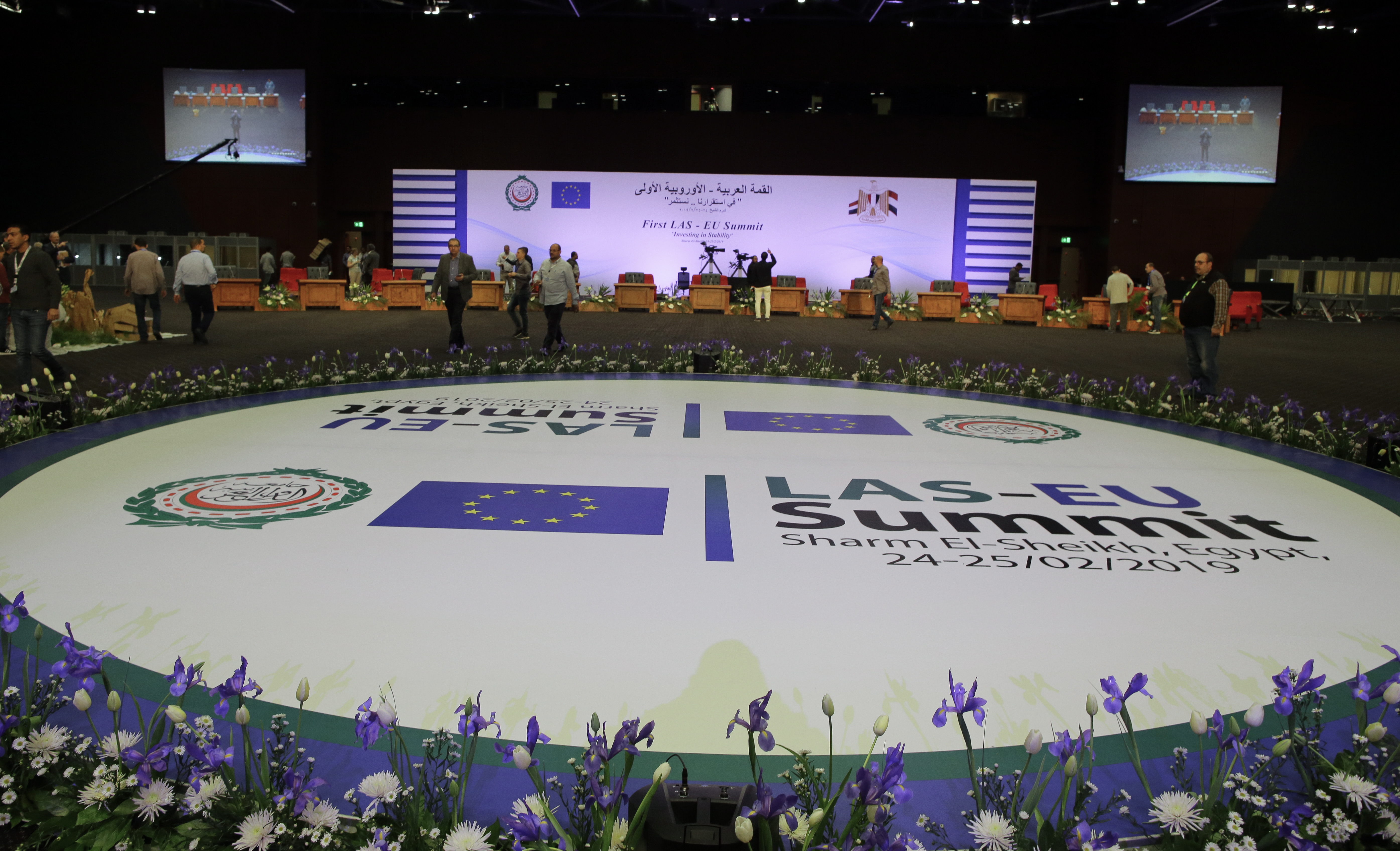 epa07389863 An Egyptian workers prepare inside the International Congress Centre one day before the first EU Arab League Summit States in Sharm el-Sheikh, 23 February 2019. The European Union (EU) League of Arab States (LAS) summit will be held in the International Congress Centre in Sharm El-Sheikh, Egypt, on 24-25 February 2019. The summit will for the first time bring together the heads of state or government from both organisations.  EPA/KHALED ELFIQI