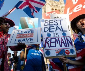 epa07401469 Brexit and anti Brexit protesters outside the Houses of Parliament in Westminster, central London, Britain, 27 February 2019. Members of Parliament (MPs) are debating and scheduled to vote on Theresa May's revised Brexit strategy later in the day.  EPA/VICKIE FLORES