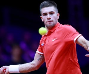 Lille: U 1. meču finala Davis Cupa sastali se Jeremy Chardy i Borna Coric 23.11.2018., Lille, Francuska - Na stadionu Pierre-Mauroy odrzano je finale Davis Cupa izmedju Francuske i Hrvatske. U prvom mecu sastali su se Jeremy Chardy i Borna Coric. Borna Coric. 
Photo: Sanjin Strukic/PIXSELL
