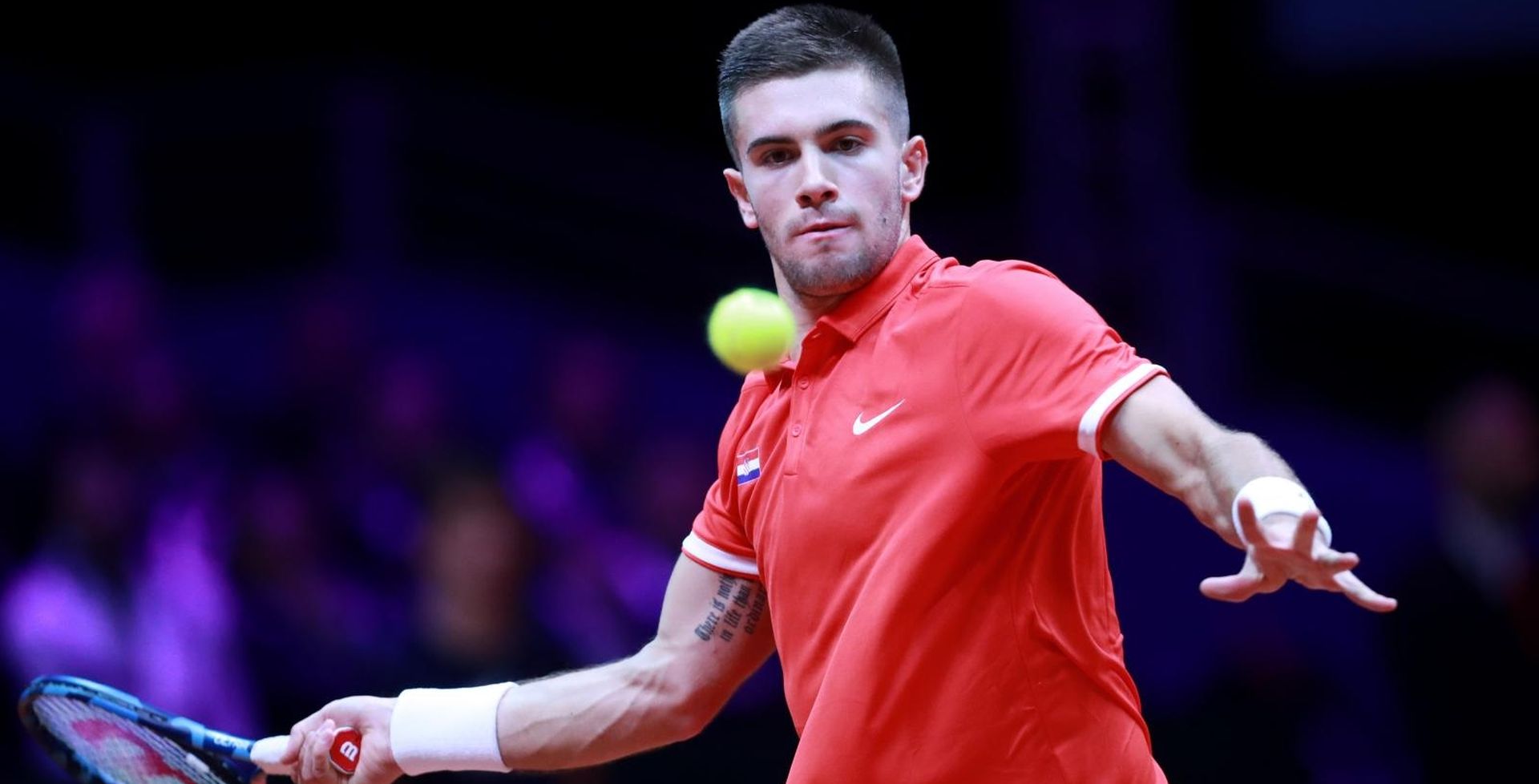 Lille: U 1. meču finala Davis Cupa sastali se Jeremy Chardy i Borna Coric 23.11.2018., Lille, Francuska - Na stadionu Pierre-Mauroy odrzano je finale Davis Cupa izmedju Francuske i Hrvatske. U prvom mecu sastali su se Jeremy Chardy i Borna Coric. Borna Coric. 
Photo: Sanjin Strukic/PIXSELL