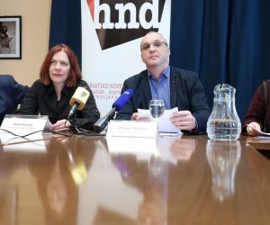 Zagreb: HND najavio prosvjed zbog stanja u medijima 27.02.2019., Zagreb - HND. Konferencija za medije "Oteli ste medije, novinarstvo ne damo!" Tema konferencije je najava prosvjeda koji Hrvatsko novinarsko drustvo organizira u subotu, 2. ozujka 2019. u Zagrebu. Okupljenim novinarima su se obratili Anton Filic, Sanja Despot, Hrvoje Zovko i Suzana Bandic. Photo: Sanjin Strukic/PIXSELL