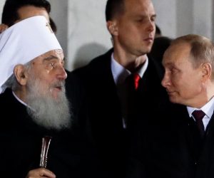 Russia's President Vladimir Putin visits Serbia Serbian President Aleksandar Vucic, Russian President Vladimir Putin and Serbian Orthodox Church Patriarch Irinej leave the St Sava temple in Belgrade, Serbia, January 17, 2019. REUTERS/Kacper Pempel KACPER PEMPEL