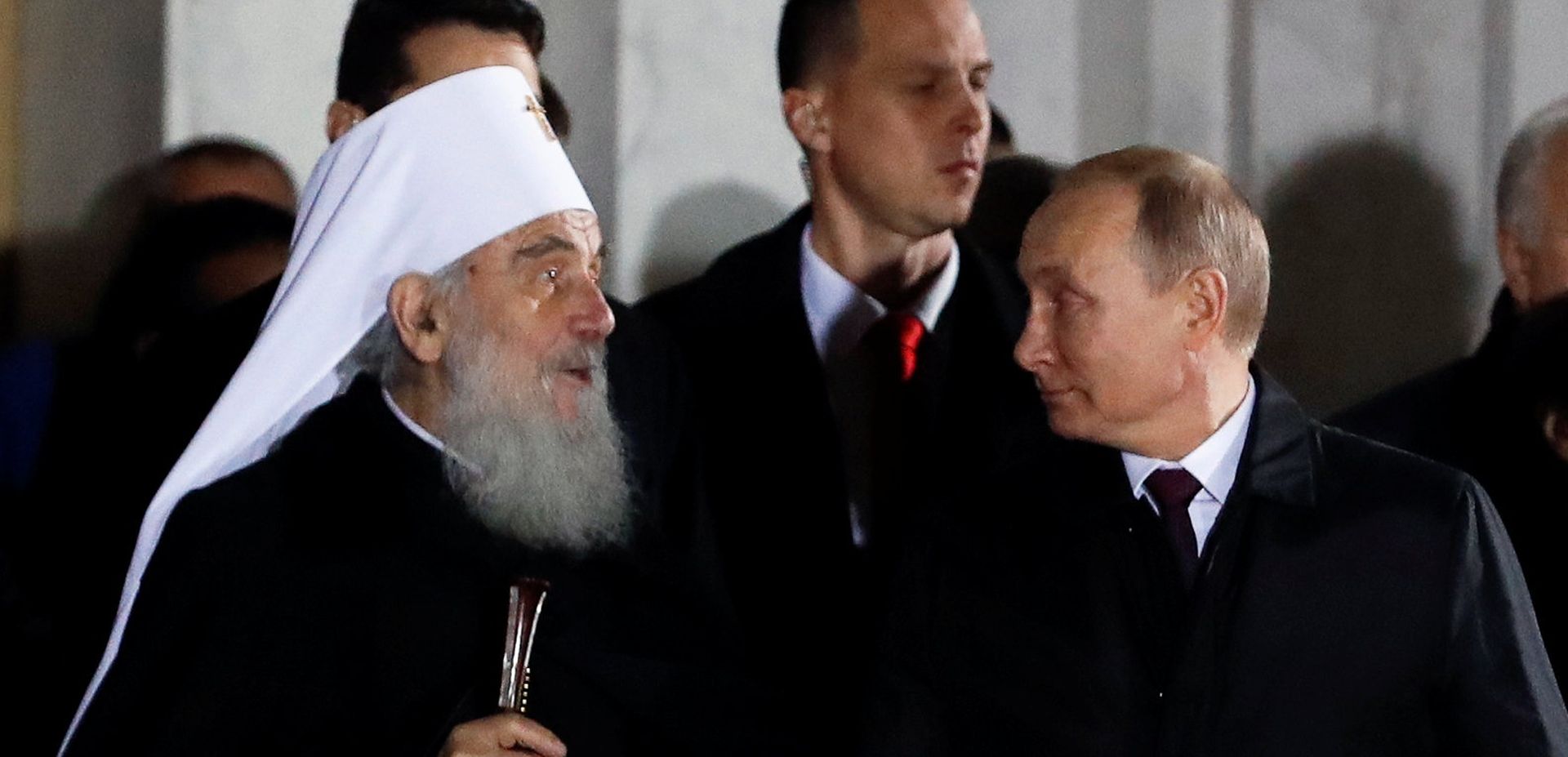 Russia's President Vladimir Putin visits Serbia Serbian President Aleksandar Vucic, Russian President Vladimir Putin and Serbian Orthodox Church Patriarch Irinej leave the St Sava temple in Belgrade, Serbia, January 17, 2019. REUTERS/Kacper Pempel KACPER PEMPEL