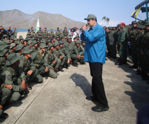 epa07341099 A handout picture provided by the Miraflores press office that shows Venezuelan President Nicolas Maduro (C) during an event with members of the military, in Turiamo, Venezuela, 03 February 2019, where he asked the troops to take care of the 'union' and 'loyalty' to the National Amerd Forces.  EPA/PRENSA MIRAFLORES HANDOUT  HANDOUT EDITORIAL USE ONLY/NO SALES