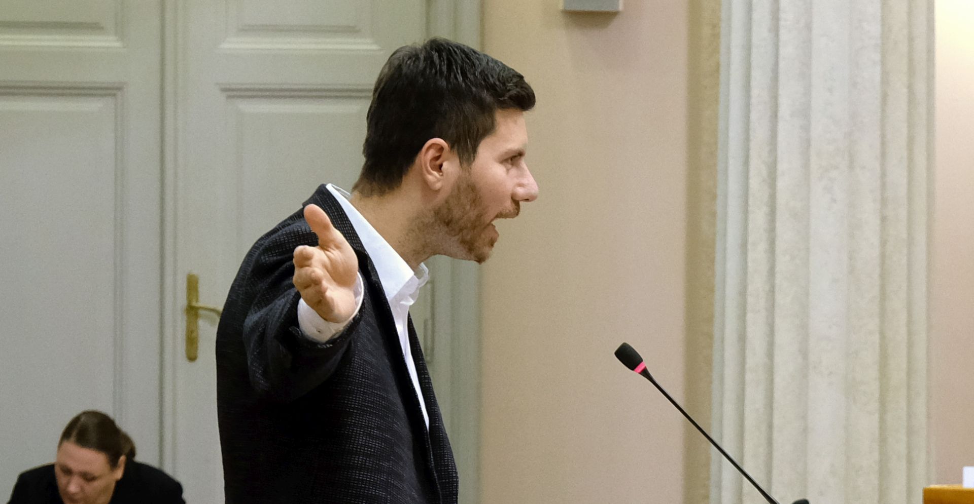 Zagreb, 14.02.2019 - Interpelacija o radu Vlade RH radi postupanja Vlade RH vezanih uz nabavku eskadrile višenamjenskih borbenih aviona, podnositelji su 16 zastupnika u Hrvatskom saboru. 
Na fotografiji Ivan Pernar. 
foto HINA / Edvard ŠUŠAK/ es