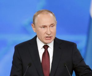 epa07382123 Russian President Vladimir Putin delivers his annual Address to the Federal Assembly at Gostinny Dvor in Moscow, Russia, 20 February 2019. President Vladimir Putin is delivering his annual address to the Russian two-chamber parliament.  EPA/MAXIM SHIPENKOV