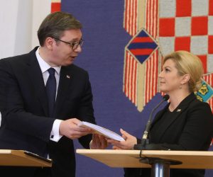 12.02.2018., Zagreb - Izjave za medije predsjednice Republike Hrvatske Kolinde Grabar-Kitarovic i predsjednika Republike Srbije Aleksandra Vucica nakon susreta u Uredu predsjednice. Izaslanstvo Republike Srbije predvodjeno predsjednikom u dvodnevnom je posjetu Hrvatskoj. 
Photo: Boris Scitar/Vecernji list/PIXSELL