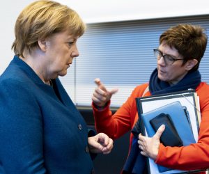 epa07364494 German Chancellor Angela Merkel (L) and the chairwoman of the Christian Democratic Union (CDU) Annegret Kramp-Karrenbauer talk prior to the start of a CDU/CSU faction meeting at the German 'Bundestag' parliament in Berlin, Germany, 12 February 2019.  EPA/ALEXANDER BECHER