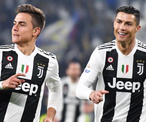 epa07373454 Juventus's forward Paulo Dybala (L) jubilates with his teammate Cristiano Ronaldo after scoring the 1-0 lead during the Italian Serie A soccer match Juventus FC vs Frosinone at the Allianz stadium in Turin, Italy, 15 February 2019.  EPA/ALESSANDRO DI MARCO