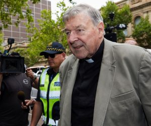 epa07397757 Cardinal George Pell arrives at the County Court in Melbourne, Australia, 26 February 2019. Australia's most senior Catholic Cardinal George Pell was found guilty on five charges of child sexual assault after an unanimous verdict on 11 December 2018, the results of which were under a suppression order until being lifted on 26 February 2019.  EPA/ERIK ANDERSON AUSTRALIA AND NEW ZEALAND OUT