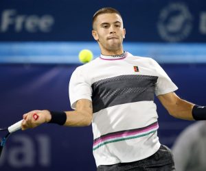 epa07404977 Borna Coric of Croatia in action during his quarter final match against Nikoloz Basilashvili of Georgia at Dubai Duty Free Tennis ATP Championships 2019 in Dubai, United Arab Emirates, 28 February 2019.  EPA/ALI HAIDER