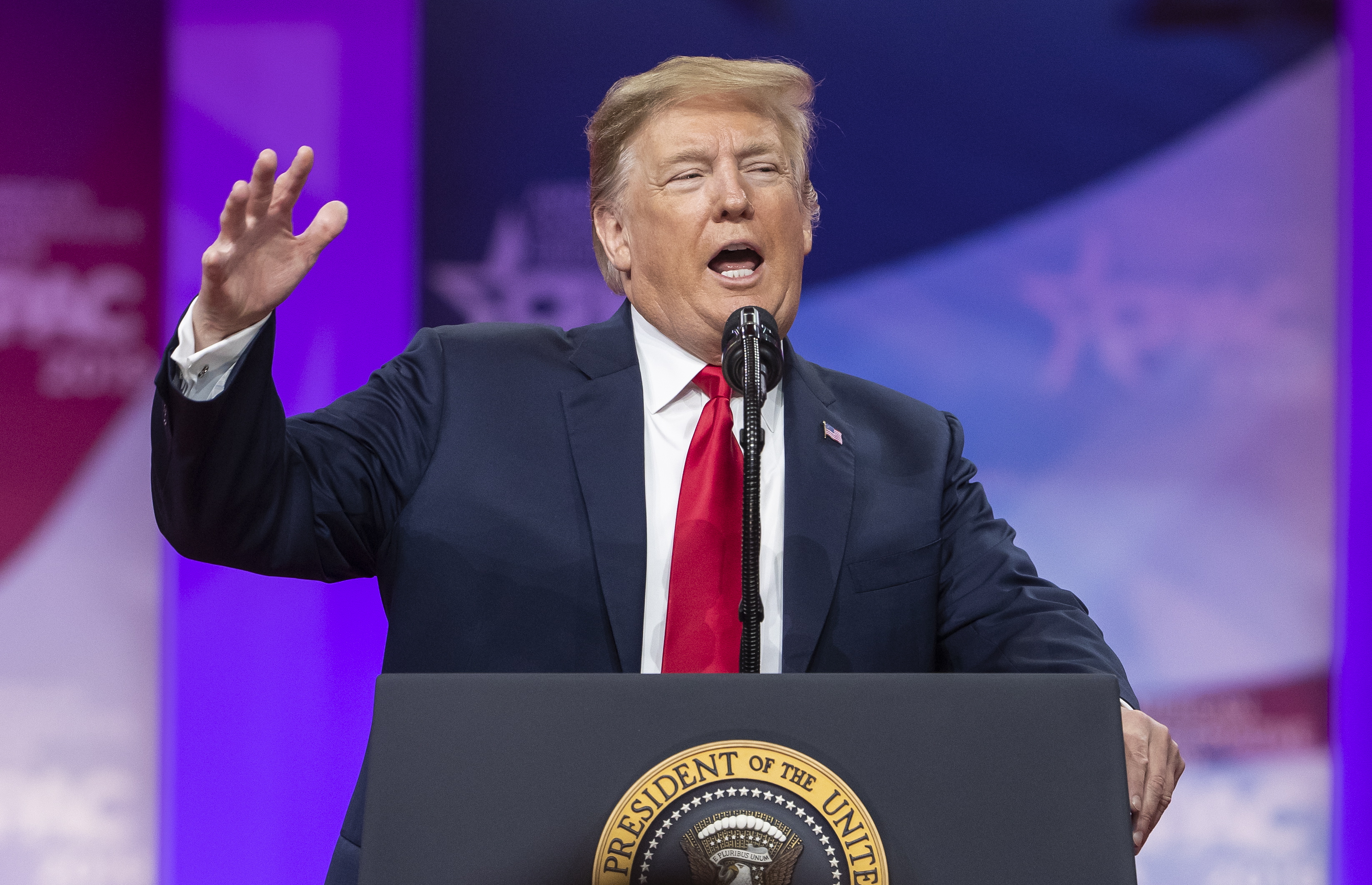 epa07409070 US President Donald J. Trump speaks at the 46th annual Conservative Political Action Conference (CPAC) at the Gaylord National Resort & Convention Center in National Harbor, Maryland, USA, 02 March 2019. Trump spoke on the final day of the four-day American Conservative Union's CPAC conference.  EPA/ERIK S. LESSER
