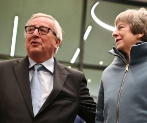 epa07429702 Jean-Claude Juncker, President of the European Commission, (L) welcomes British Prime Minister Theresa May (R) at the European Parliament in Strasbourg, France, 11 March 2019. May is facing a decisive week ahead with crucial votes on Brexit expected.  EPA/PATRICK SEEGER