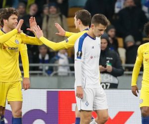 epa07437308 Marcos Alonso (L) of Chelsea celebrates his goal together with teammates during the UEFA Europa League Round of 16, second leg soccer match between FC Dynamo Kyiv and Chelsea FC in Kiev, Ukraine, 14 March 2019.  EPA/SERGEY DOLZHENKO