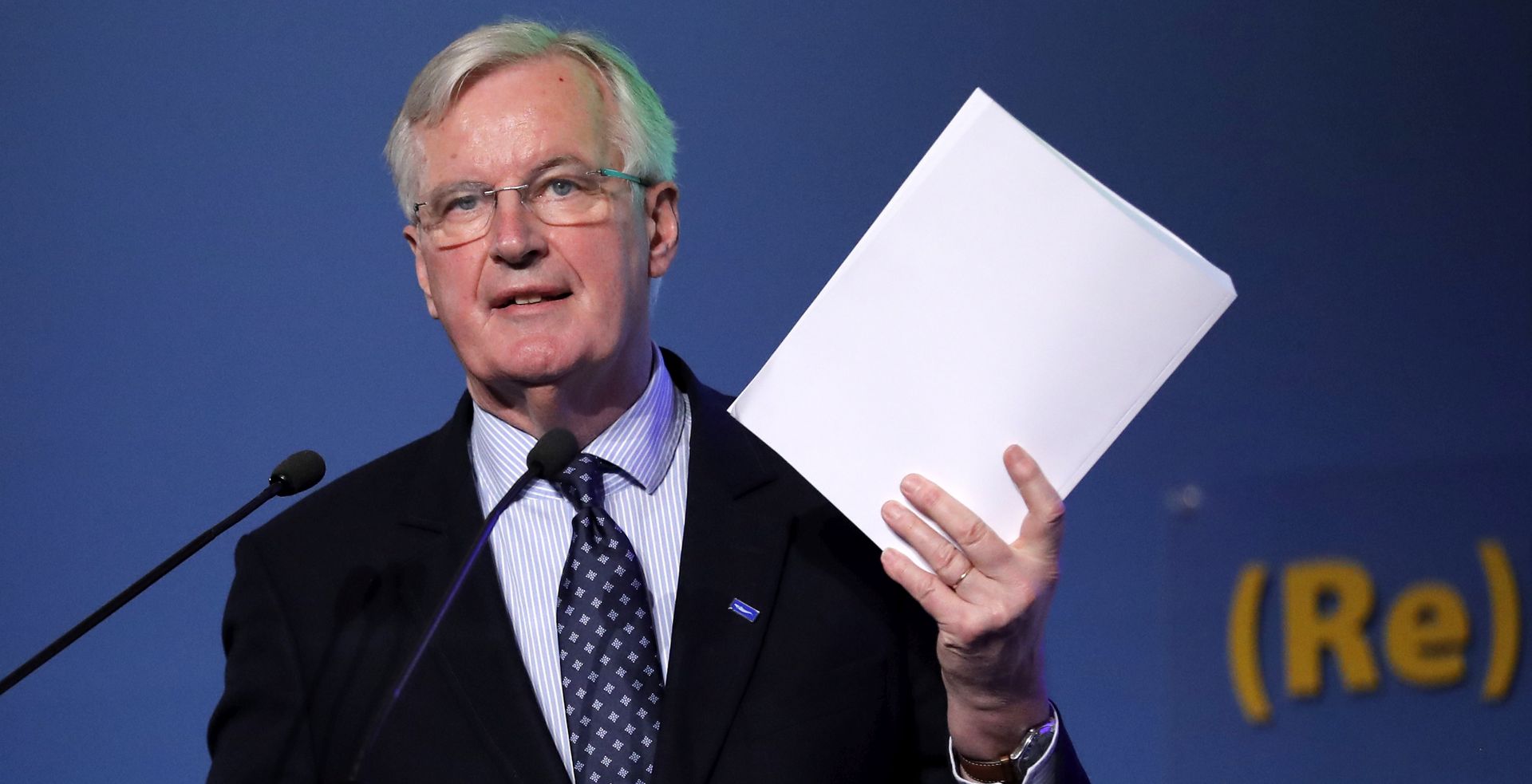 epa07437266 Michel Barnier, EU Chief Negotiator for Brexit, shows to the audience the 500 page Brexit negotiating document while delivering a speech on Brexit impact for the EU regions and cities, at the 8th European Summit of Regions and Cities held at the Romanian parliament Headquarters in Bucharest, Romania, 14 March 2019. The 8th European Summit of Regions and Cities is gathering all the EU, national, local and regional leaders from across Europe to discuss the future of the European Union. At the end of the summit, also called '(Re) New  EUrope',  a declaration by local and regional leaders on the future of Europe will be adopted in order to share their voice ahead of the European elections and the next term of office of the EU institutions.  EPA/ROBERT GHEMENT