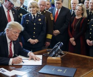 epa07440790 US President Donald J. Trump delivers remarks on the national security and humanitarian crisis on the southern border and vetoes the legislation that strikes down his national emergency declaration at the southern border a ceremony in the Oval Office of the White House in Washington, DC, USA, 15 March 2019. President Trump's veto, his first, sends the resolution back to Congress where it will require a 2/3 vote in each house to overturn.  EPA/SHAWN THEW