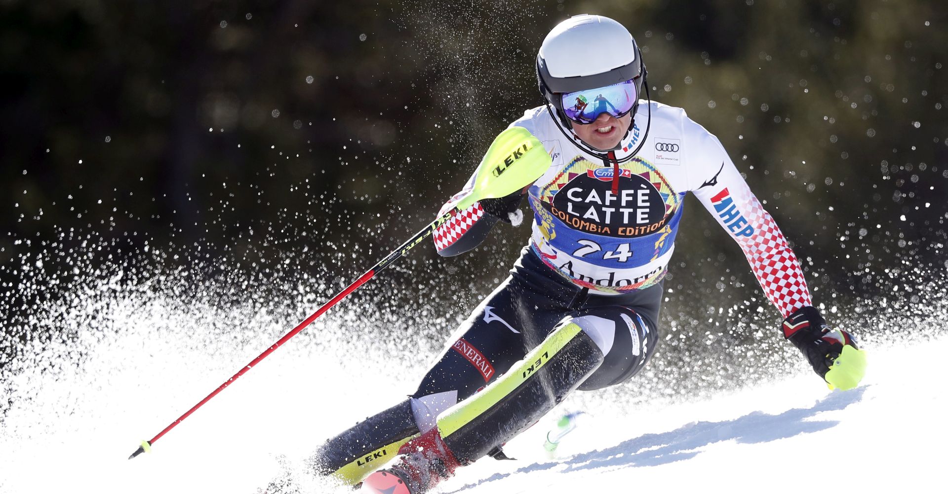epa07444404 Elias Kolega of Croatia in action during the first run of the Men's Slalom at the FIS Alpine Skiing World Cup finals in Soldeu - El Tarter, Andorra, 17 March 2019.  EPA/GUILLAUME HORCAJUELO