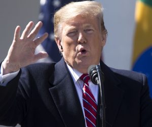 epa07449002 US President Donald J. Trump speaks during a joint news conference with Brazilian President Jair Bolsonaro (unseen) in the Rose Garden of the White House in Washington, DC, USA, 19 March 2019. Bolsonaro, a right-wing nationalist who earned the nickname the 'Trump of the Tropics,' met with President Trump for bilateral negotiations and a joint press conference.  EPA/MICHAEL REYNOLDS
