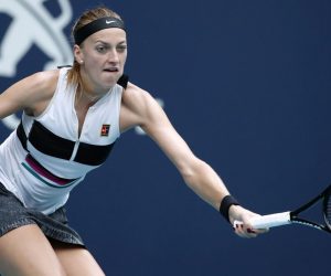epa07463102 Petra Kvitova of the Czech Republic in action against Caroline Garcia of France during their women's singles match at the Miami Open tennis tournament in Miami, Florida, USA, 25 March 2019.  EPA/JASON SZENES
