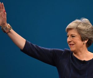 epa07467341 (FILE) - Britain's Prime Minister Theresa May waves to delegates as she delivers her speech on the final day of Conservative Party Conference in Manchester, Britain, 04 October 2017 (reissued 27 March 2019). According to reports, British Prime Minister Theresa May on 27 March 2019 promised MPs of her Conservative party that she will step down from her office, as British parliament is holding indicative votes in the course of the evening.  EPA/FACUNDO ARRIZABALAGA *** Local Caption *** 53808979