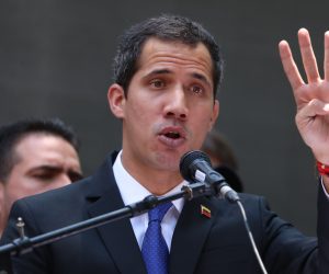 epa07467425 Venezuelan National Assembly President Juan Guaido speaks at the headquarters of the Venezuelan political party 'Accion Democratica' in Caracas, Venezuela, 27 March 2019, where he called new protests the upcoming Saturday to reject the power outage and against Venezuelan President Nicolas Maduro.  EPA/Rayner Pena